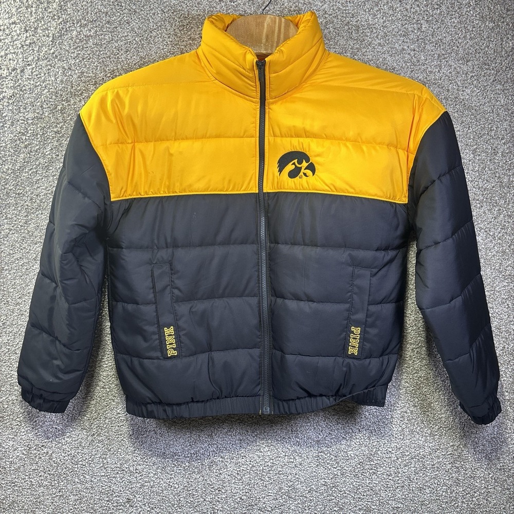 Iowa Hawkeyes Jacket Womens Large Black Gold NCAA Football PINK VS Puffer